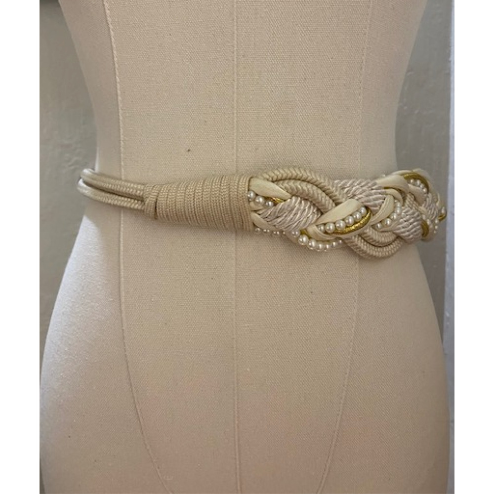USED Vintage Cream/Off White Braided Woven Cord Belt with pearl & gold detailing - Picture 2 of 8